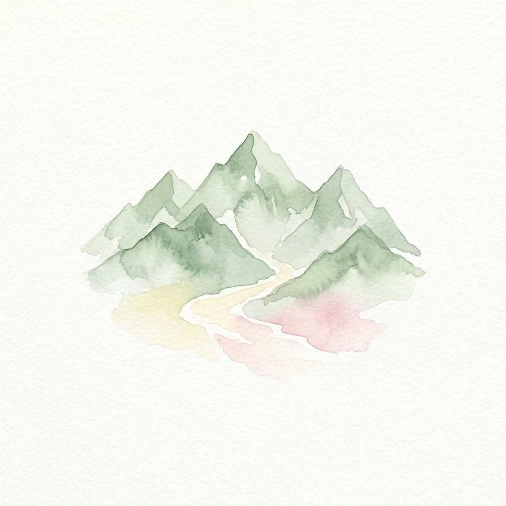 Pintura de acuarela de picos de montañas verdes con un camino sinuoso amarillo y rosa a través de valles