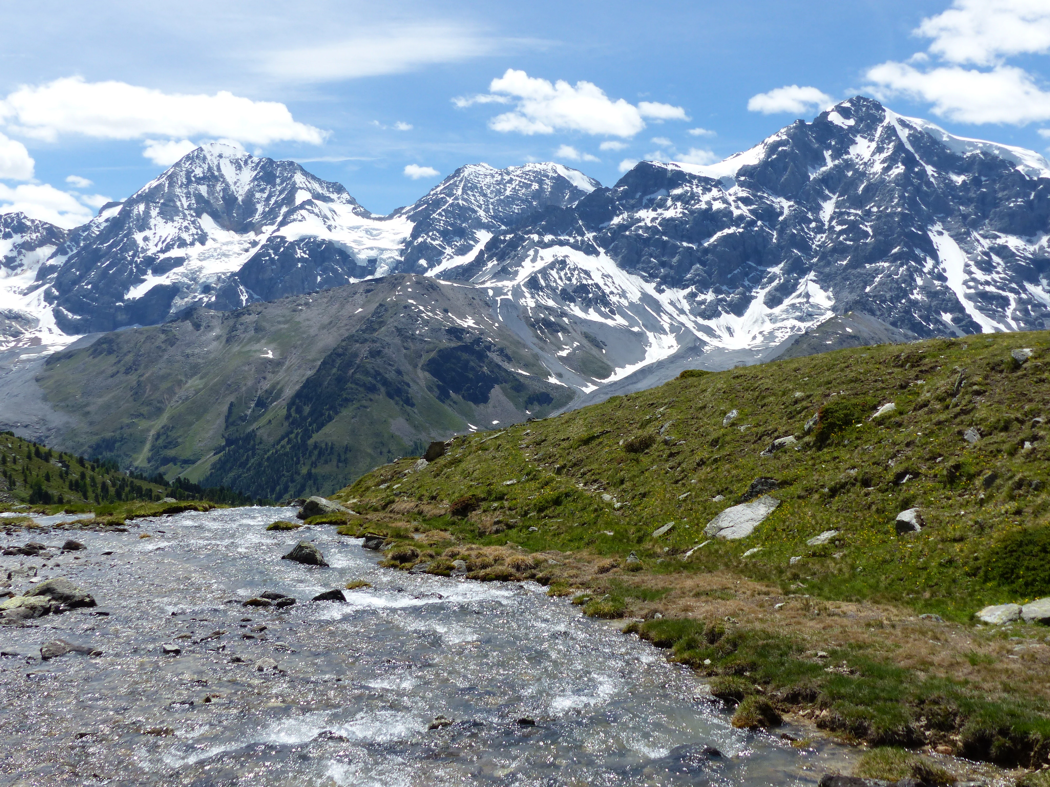 Mountain river flowing through a grassy valley with snow-capped peaks in the background under a partly cloudy sky
