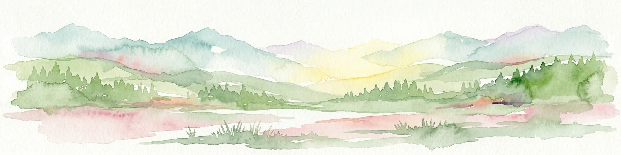 Watercolor painting of a mountain range with a lake, green hills, and a sunset sky