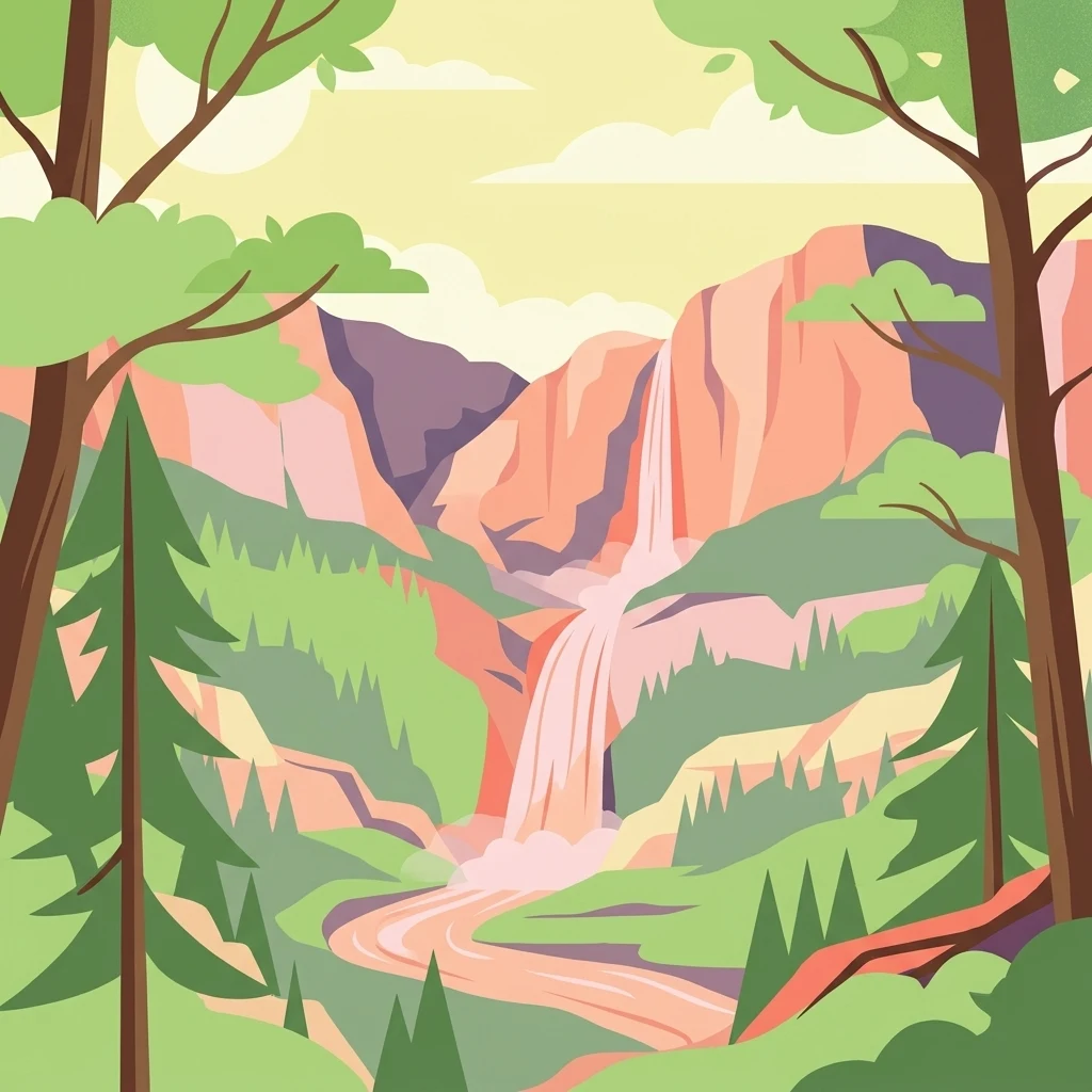 Digital vector illustration of a valley featuring a waterfall, surrounding cliffs, pine trees, and a river, rendered in a stylized, colorful aesthetic.