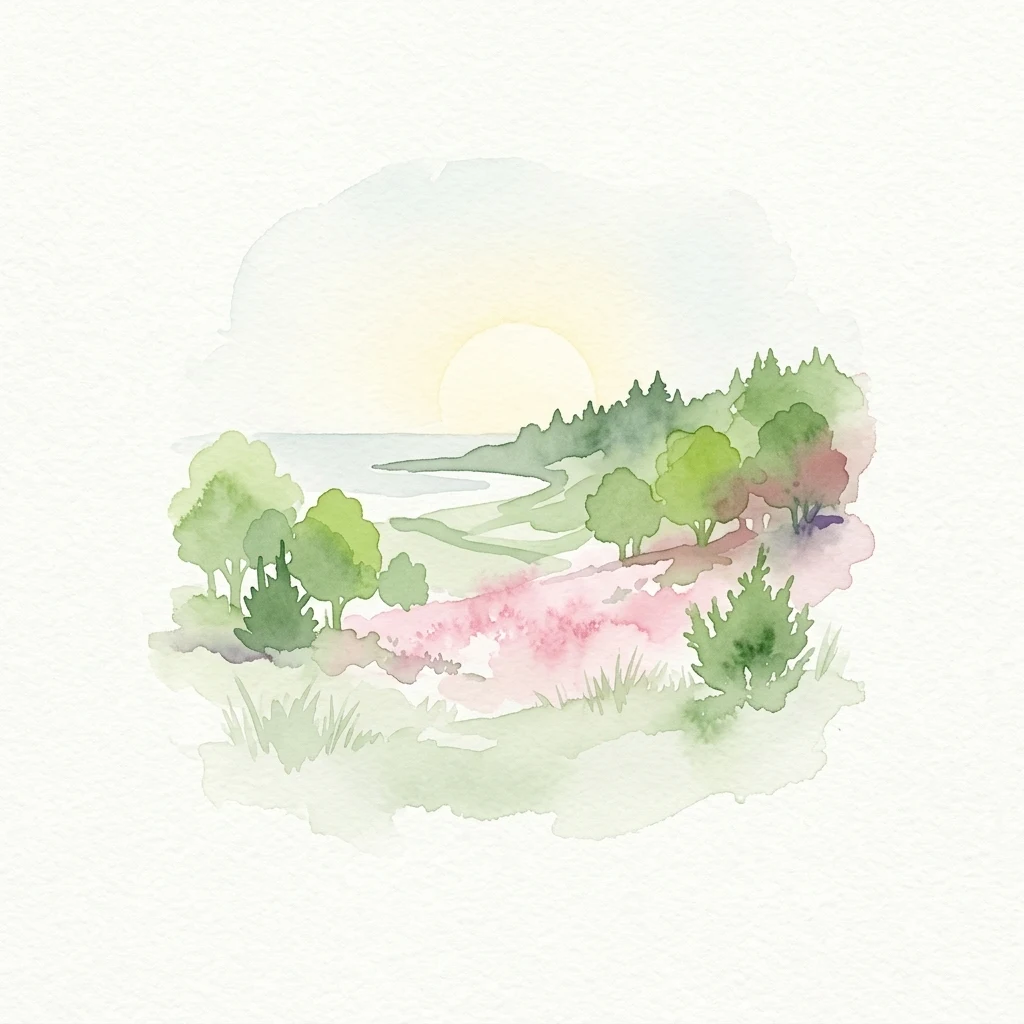 Watercolor painting of a coastal landscape featuring green trees, a sunset over the sea, and pink grasses