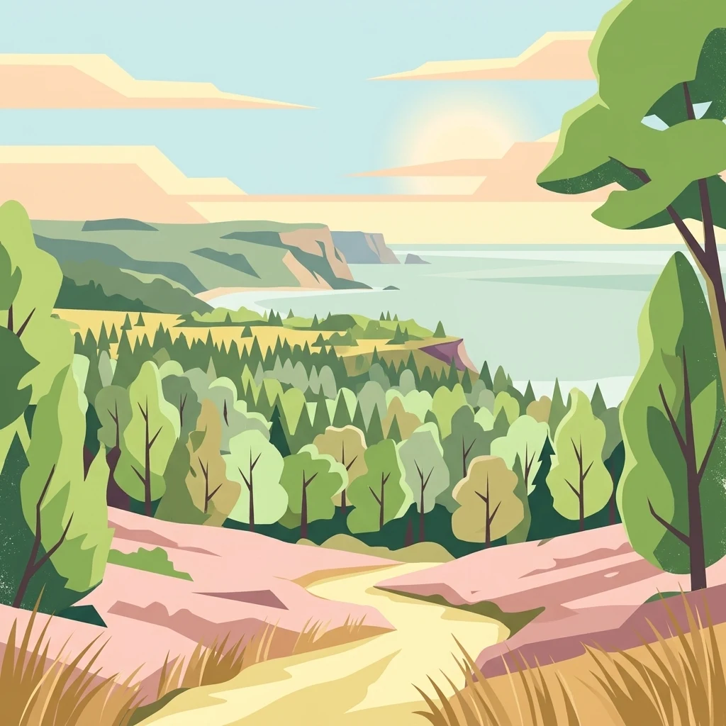 Ilustración que muestra un camino sinuoso a través de un terreno boscoso que conduce a una vista costera con acantilados y agua