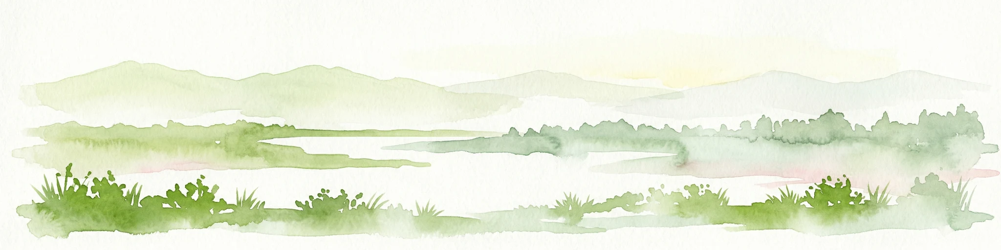 Ilustración en acuarela de un paisaje con colinas verdes, agua y vegetación