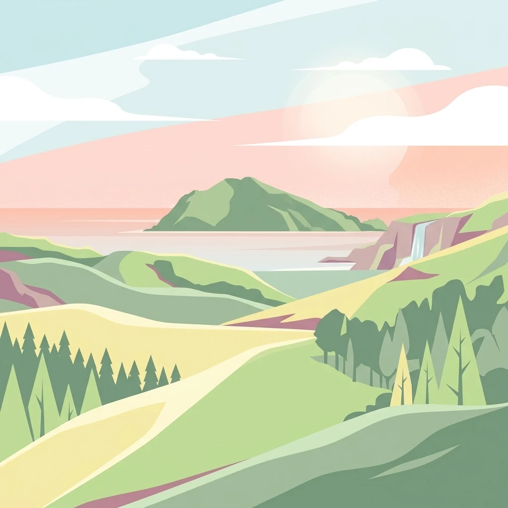 Una ilustración digital de una escena costera con colinas verdes onduladas, una pequeña isla en la distancia, una cascada en un acantilado y un bosque en primer plano bajo un cielo pastel.