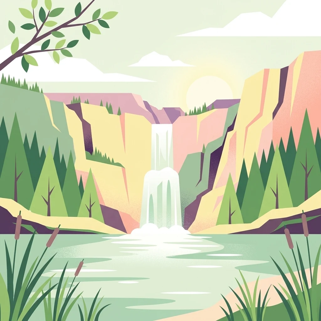 A digital illustration of a multi-tiered waterfall flowing into a calm lake, flanked by pine forests, cattails in the foreground, and rocky canyon walls in the background.