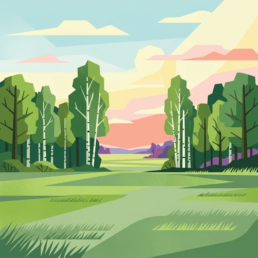 Una ilustración gráfica de una pradera soleada rodeada de abedules con un cielo de atardecer colorido al fondo.
