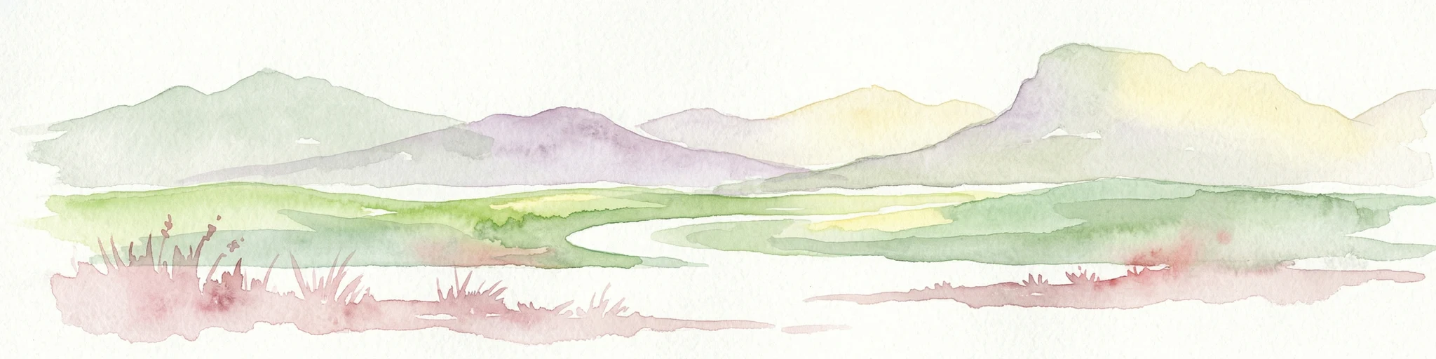 Ilustración en acuarela que muestra un paisaje con montañas, un río sinuoso y campos de hierba.