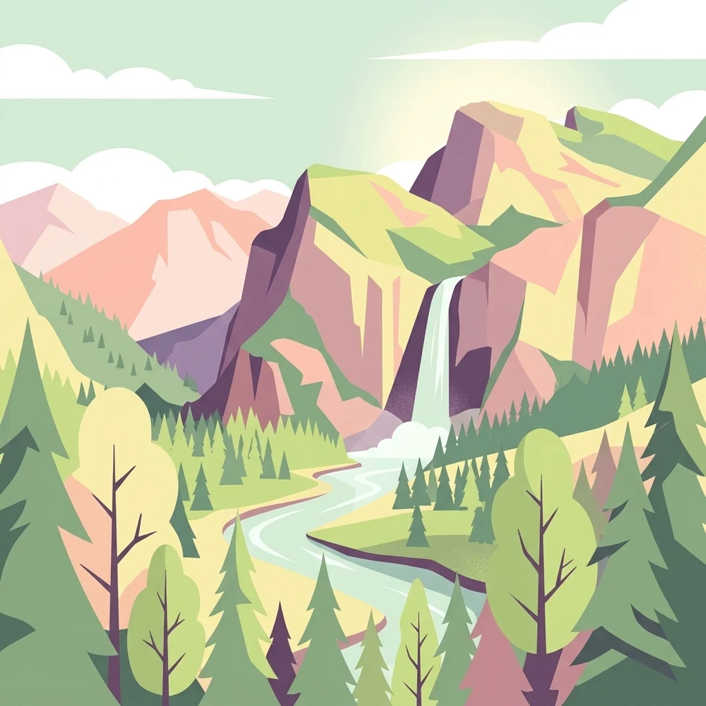 A flat-style digital illustration of a mountain valley featuring a winding river, a waterfall cascading down a steep rock face, and pine forests in the foreground and midground.