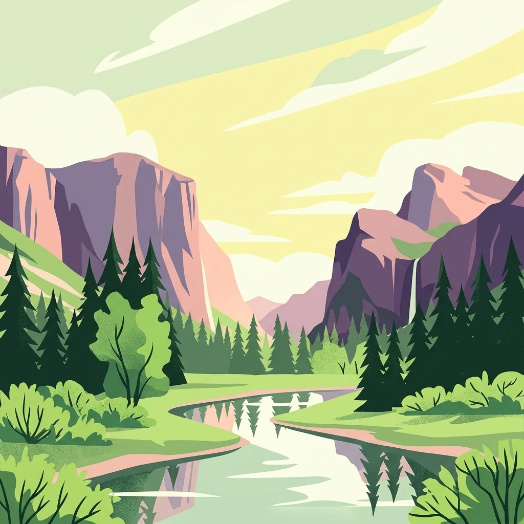 Una ilustración digital de estilo plano que muestra un río serpenteante a través de un valle rodeado de acantilados escarpados y bosques de pinos bajo un cielo suave y de color claro.
