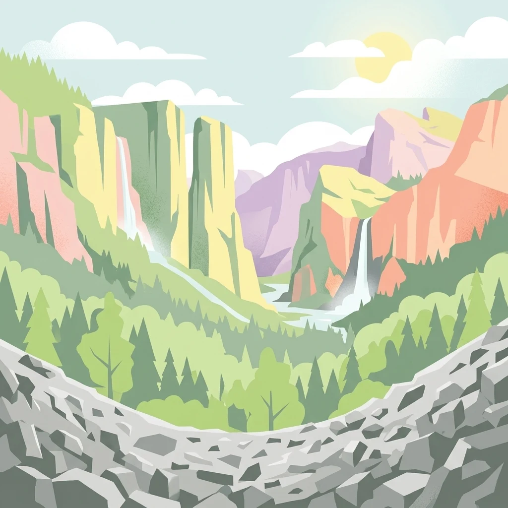 A flat vector illustration showing a mountainous valley landscape with two waterfalls, a river, dense forests, and a rocky talus field in the foreground under a sunny sky.