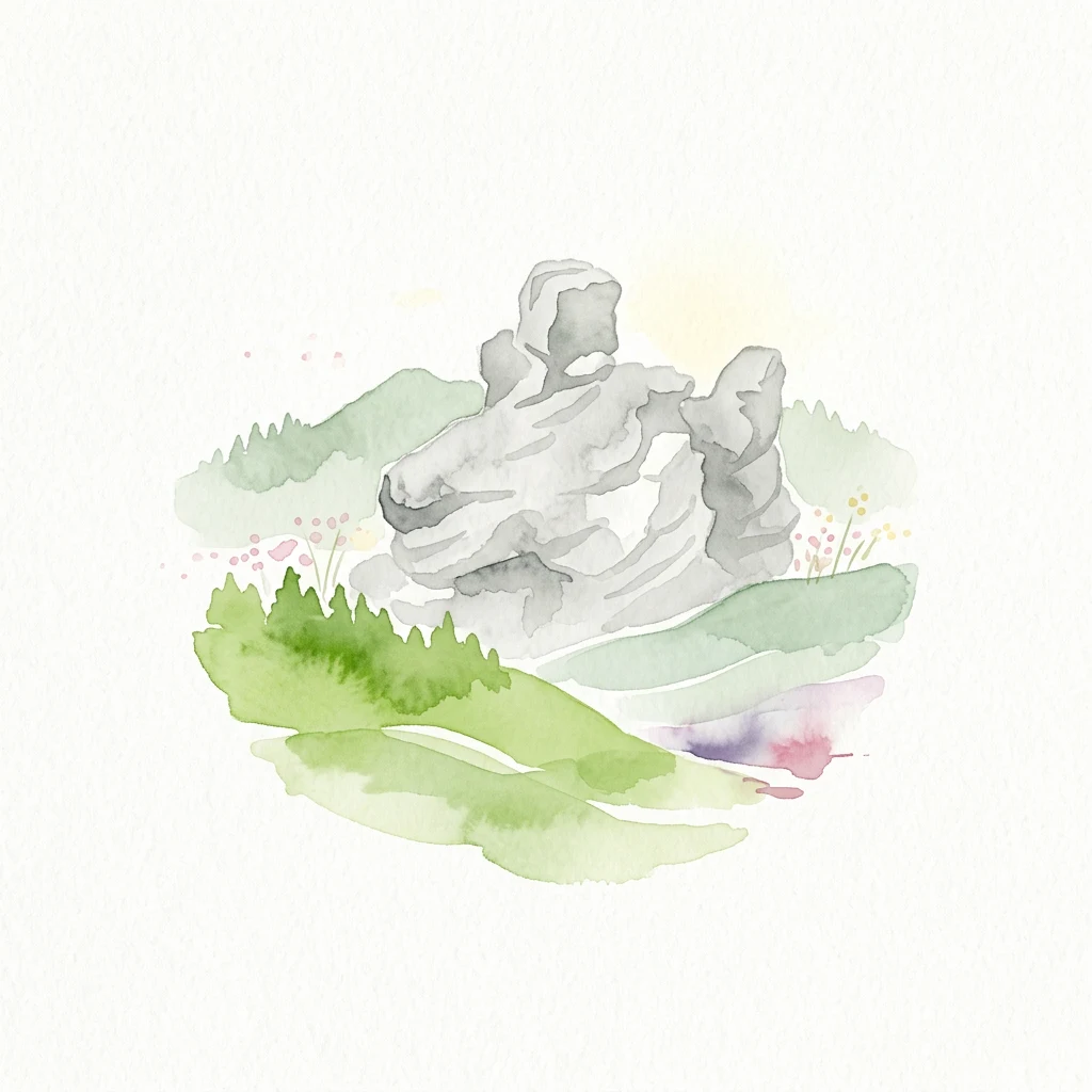 Watercolor painting showing gray sandstone rock formations with green hills and small flowers in the foreground