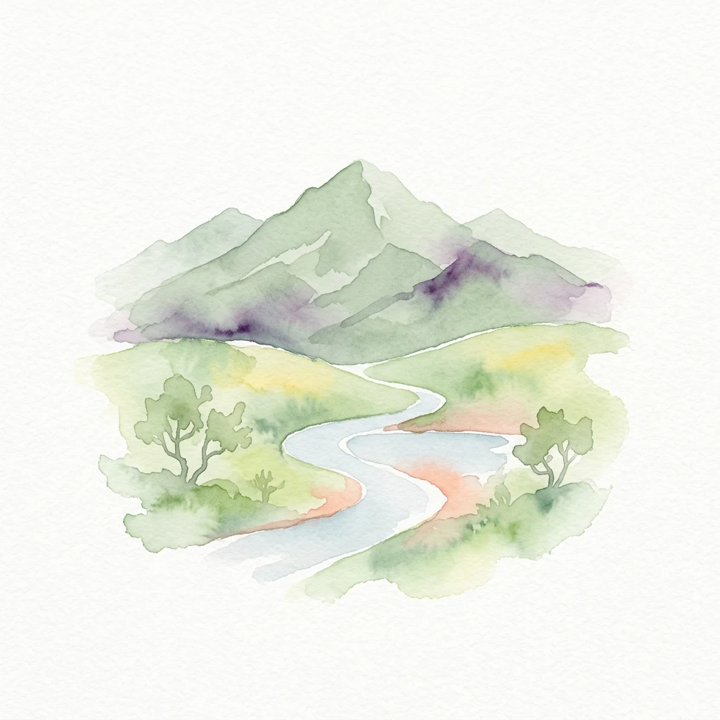 Watercolor illustration of mountains, a winding river, and trees