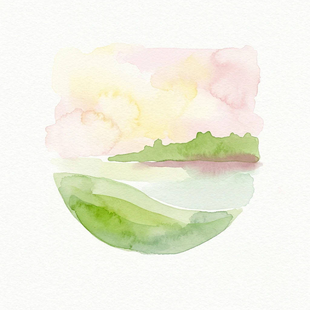 Watercolor illustration of a landscape with green hills and a pink sky over a body of water