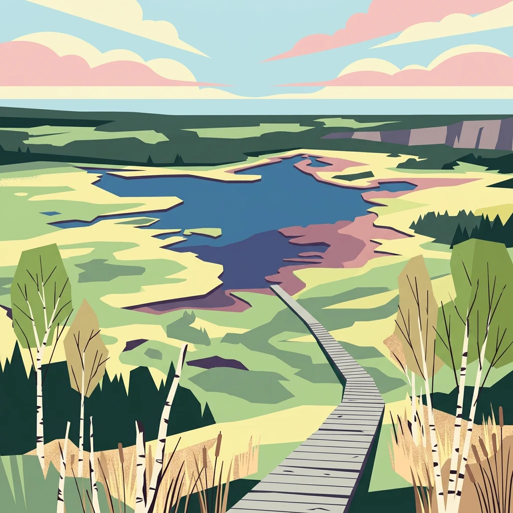 Vista ilustrada de una pasarela de madera sobre una zona de humedal pantanoso con abedules, rodeada de colinas boscosas y un lago azul bajo un cielo con nubes rosas y azules