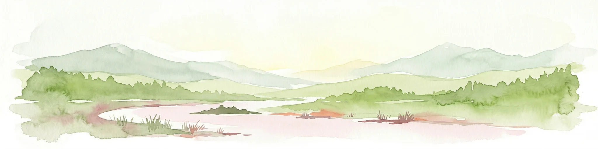 Pintura de acuarela de un paisaje con montañas, humedal y bosque
