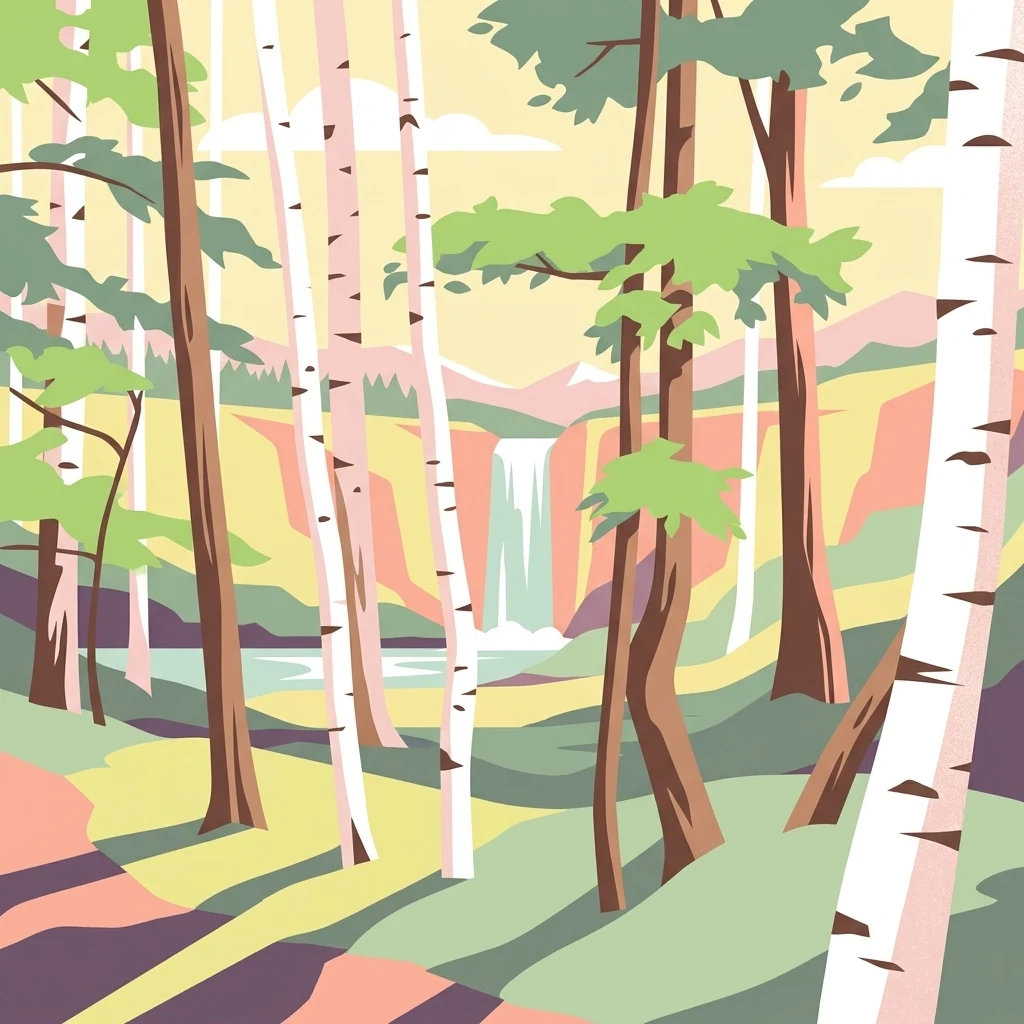 A graphic illustration showing a forest of white birch trees in the foreground with a waterfall and cliffs in the background.