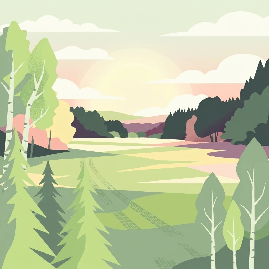 A flat-style digital illustration depicting a gentle landscape of green meadows, deciduous and coniferous trees, and rolling hills under a soft sunset sky.