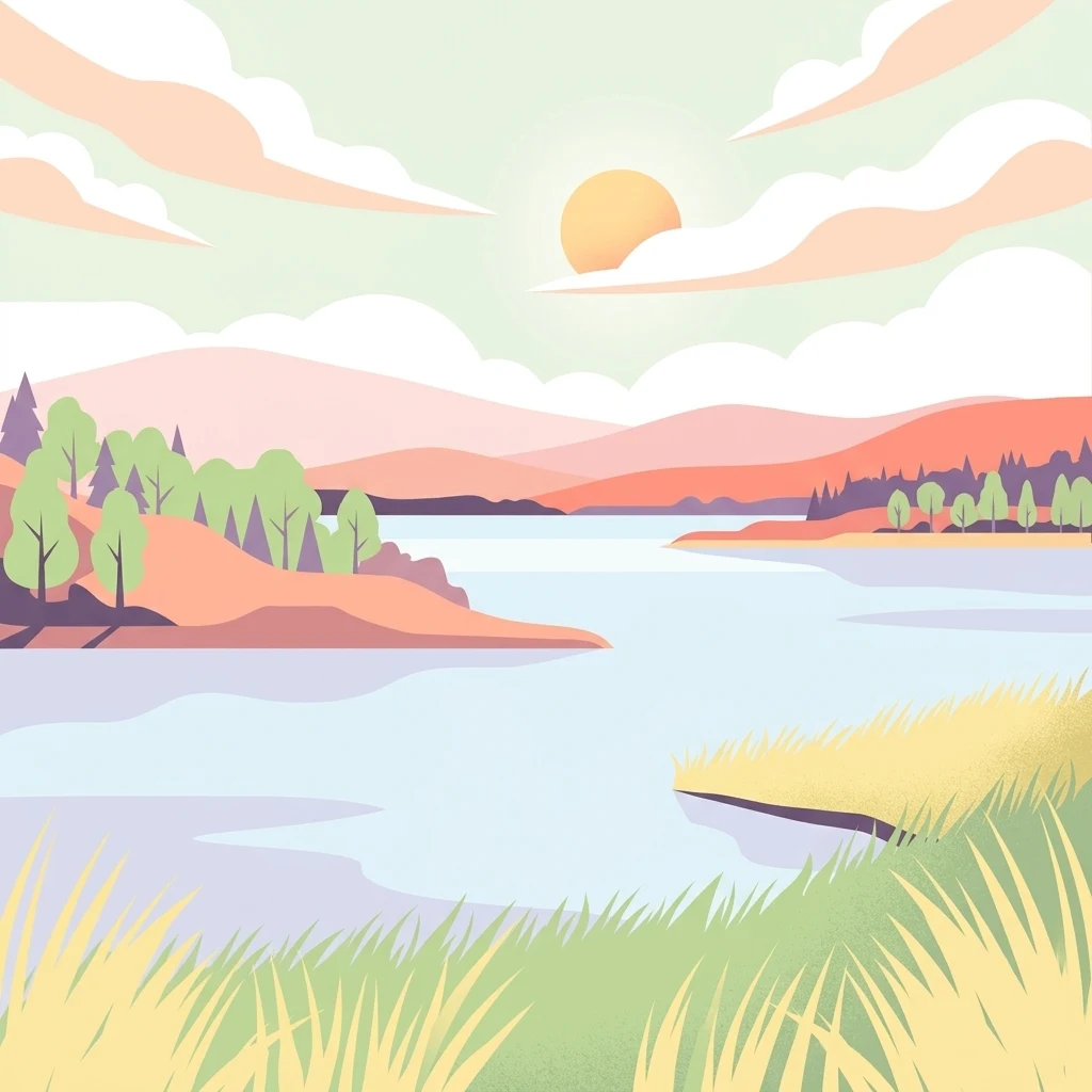 A flat-style digital illustration of a calm lake surrounded by rolling hills and grassy banks under a soft, golden sun.
