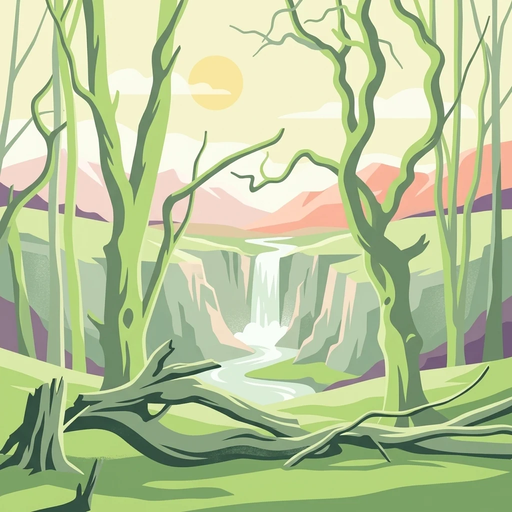 A stylized flat vector illustration of a forest with tall green trees and a fallen log in the foreground; a waterfall cascades down a rocky cliff in the middle distance under a pale sun.
