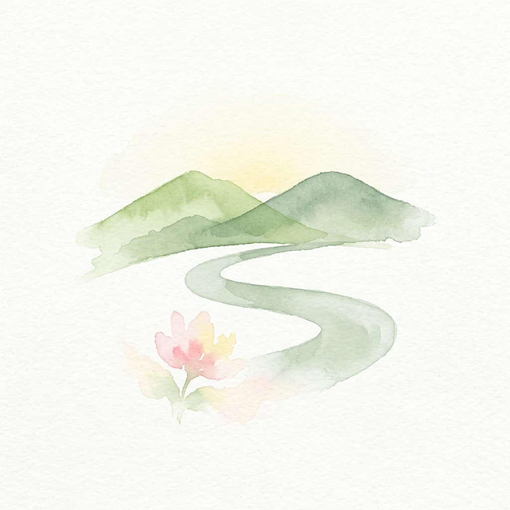 Watercolor illustration of green mountains, a winding river, and a pink flower against a light background