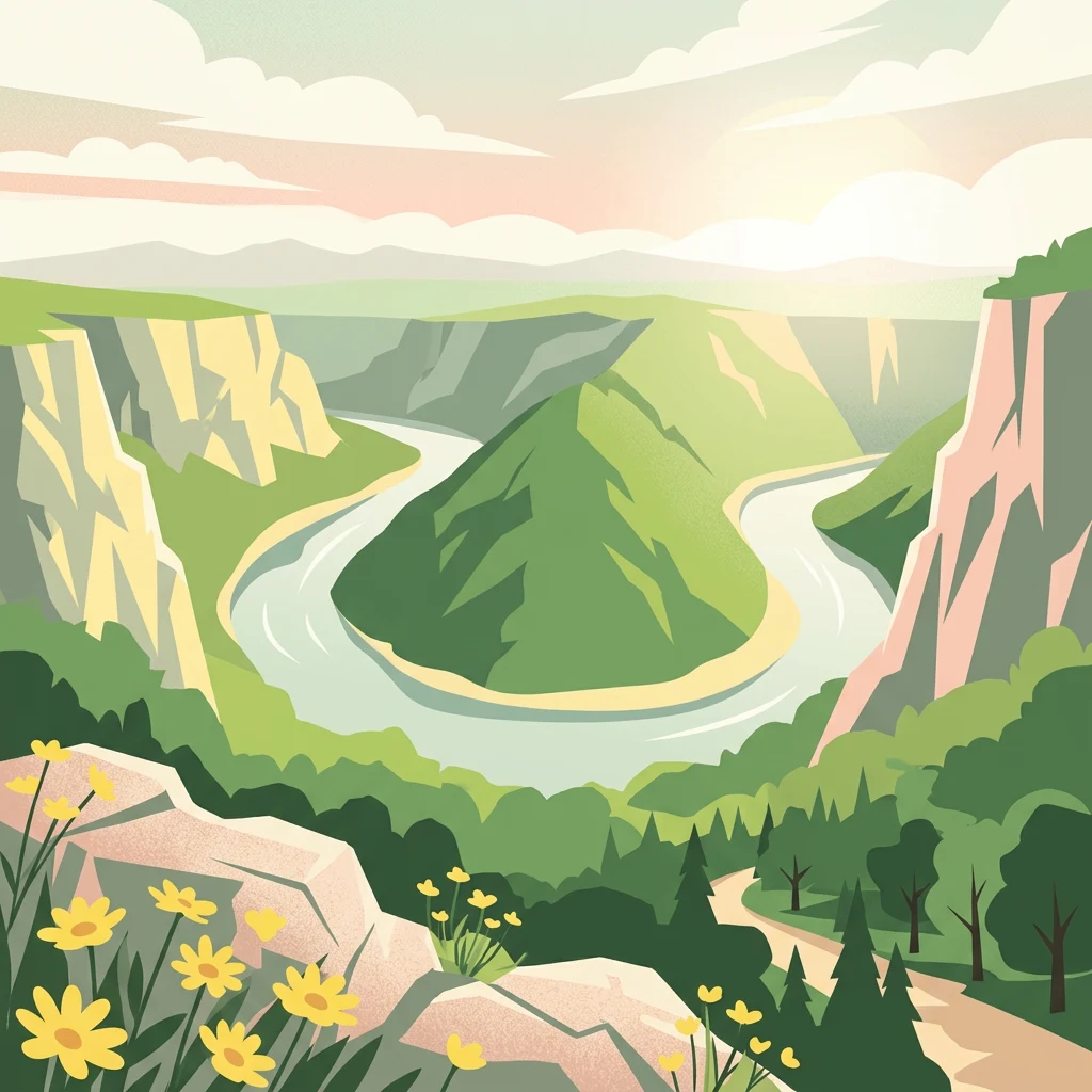 Illustrated view of a winding river flowing through a mountain canyon with steep cliffs, green hills, yellow flowers in the foreground, and a partly cloudy sky