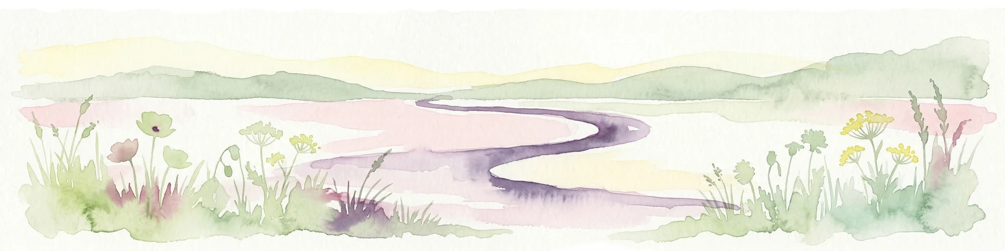 Ilustración acuarela de un río sinuoso a través de campos de hierba con flores silvestres y colinas distantes