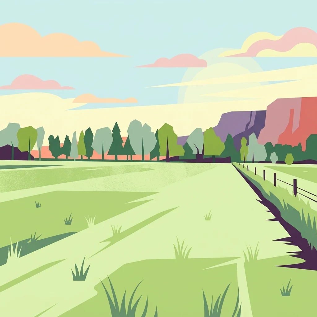 Stylized digital illustration of a green meadow landscape with a fence line, trees in the midground, and a distant rocky ridgeline under a soft pastel sky.
