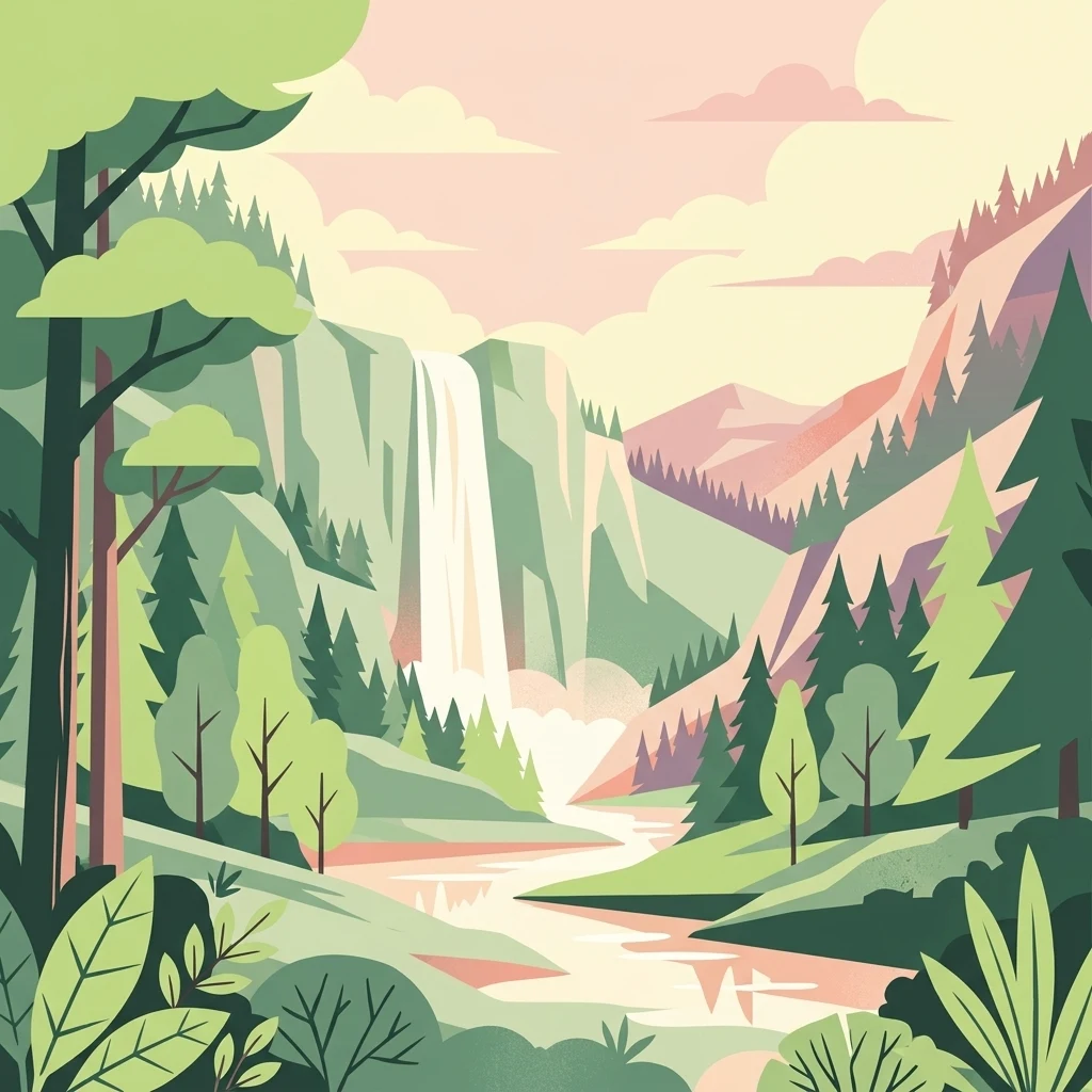 Una ilustración digital que muestra un valle montañoso frondoso con una alta cascada que se precipita por un acantilado, rodeada de bosques de pinos y un río serpenteante.