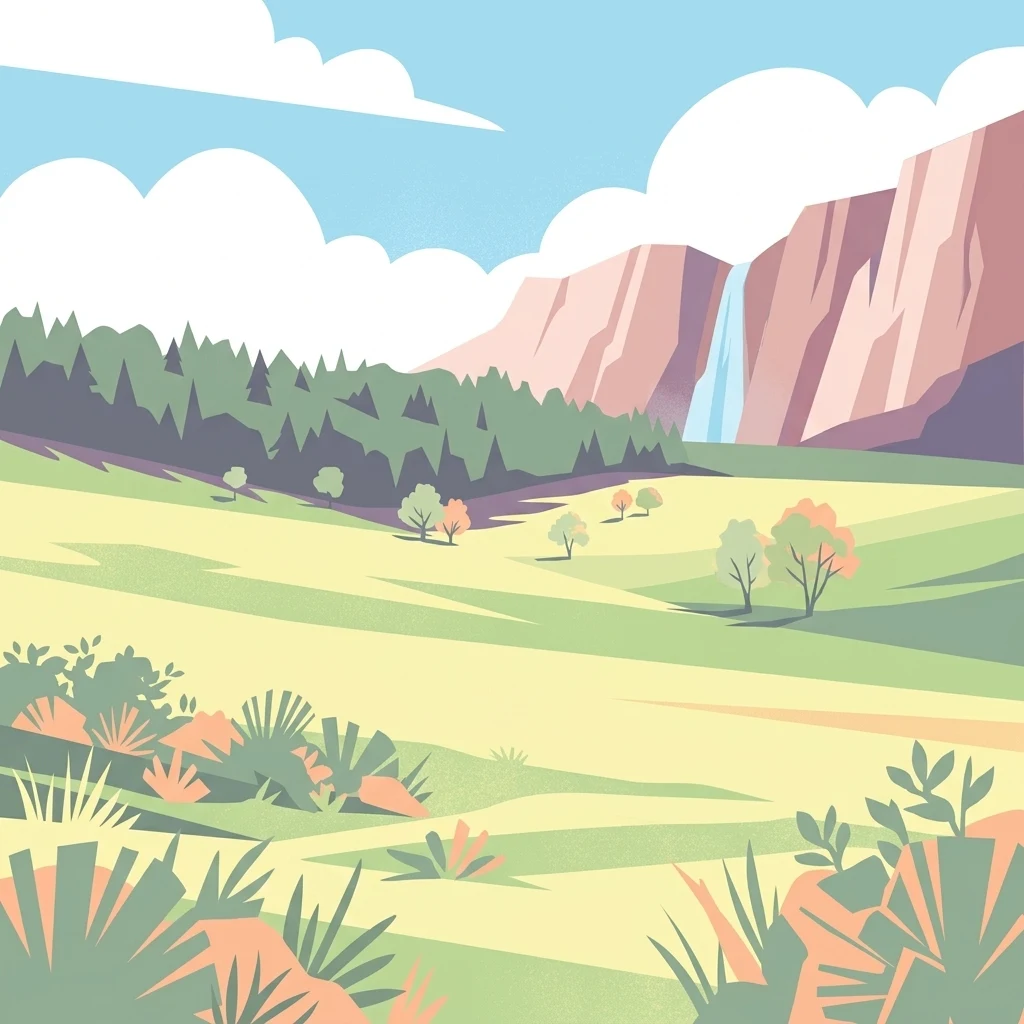 Una ilustración vectorial de estilo plano de un valle pintoresco con llanuras cubiertas de hierba en primer plano, un bosque denso en el plano medio y acantilados escarpados con una cascada al fondo.