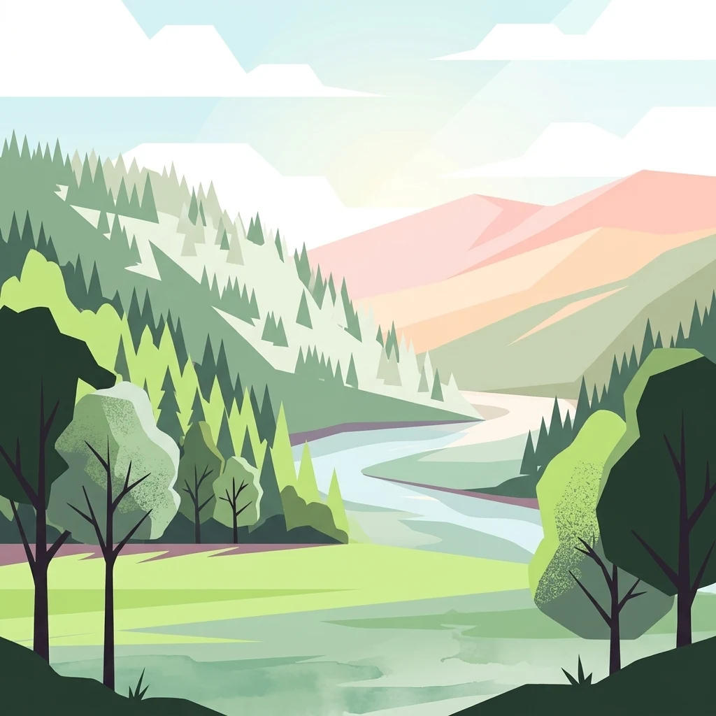 A flat-design, vector-style illustration of a river valley with forested hills, meadows, and mountains in the distance, rendered in soft green and pink tones.