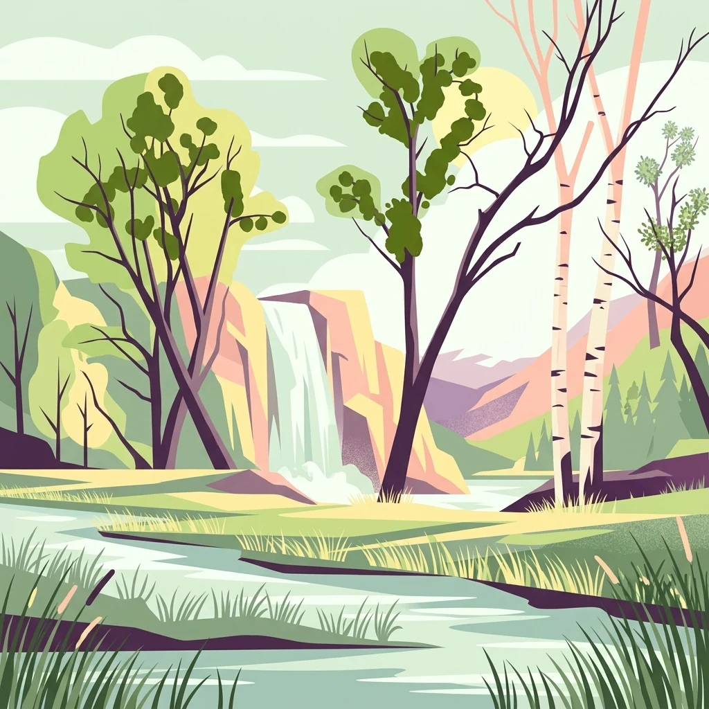 A stylized digital illustration of a cascading waterfall flowing into a river surrounded by trees, including birch and green forest, with a soft, pastel-toned environment.