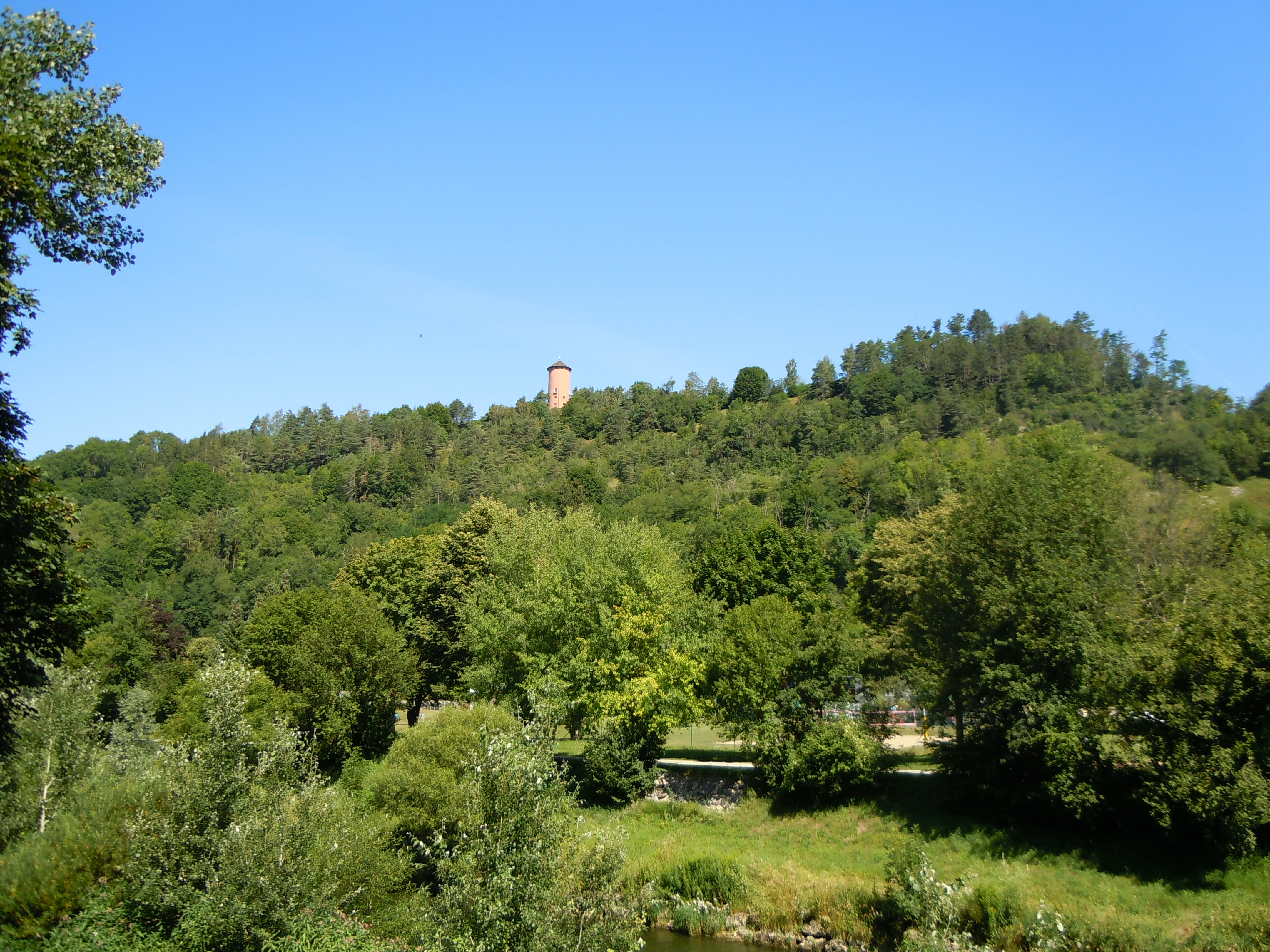A wide view of a forested hillside under a clear blue sky, with a tall thin water tower structure visible on the ridge.