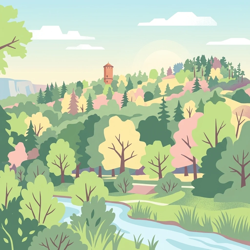 Digital vector illustration of a gentle river winding through a vibrant valley with diverse deciduous and coniferous trees, featuring a lone tall lookout tower on a distant green hill under a soft light.