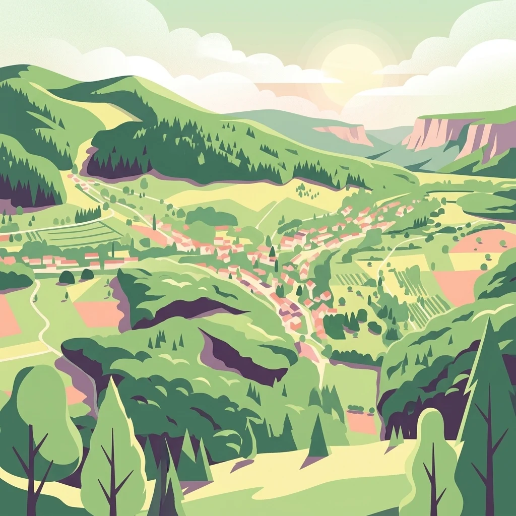 A flat-style digital illustration showing a valley scene with rolling green forested hills, a small cluster of village houses, and a soft sunset sky.
