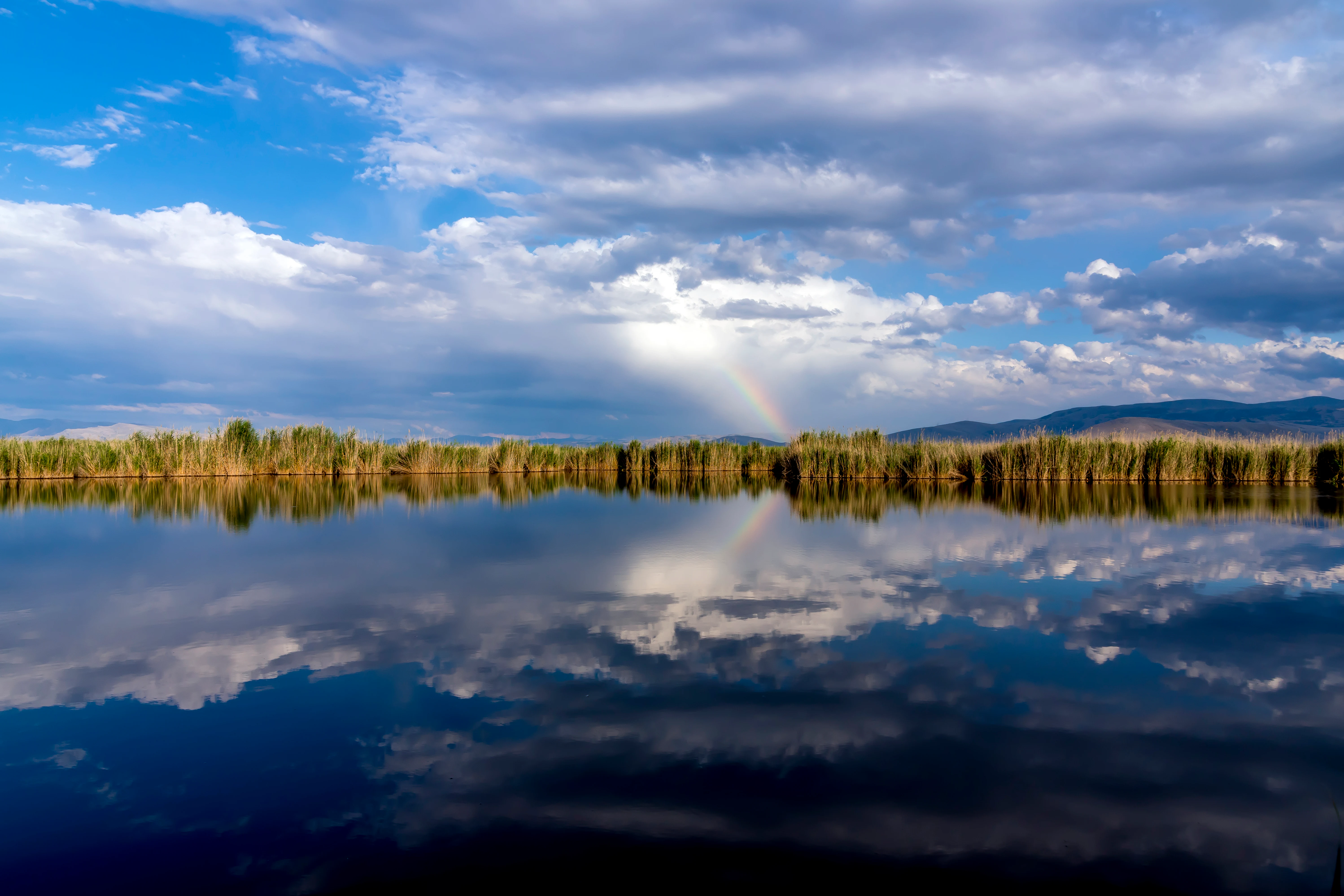 A body of water reflecting a partly cloudy sky with a faint rainbow visible over a distant tree line