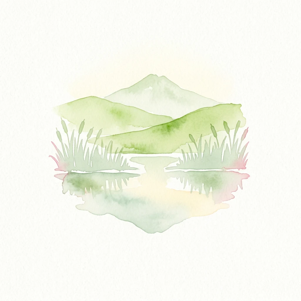Watercolor illustration of a mountain reflecting in a wetland with reeds along the shore