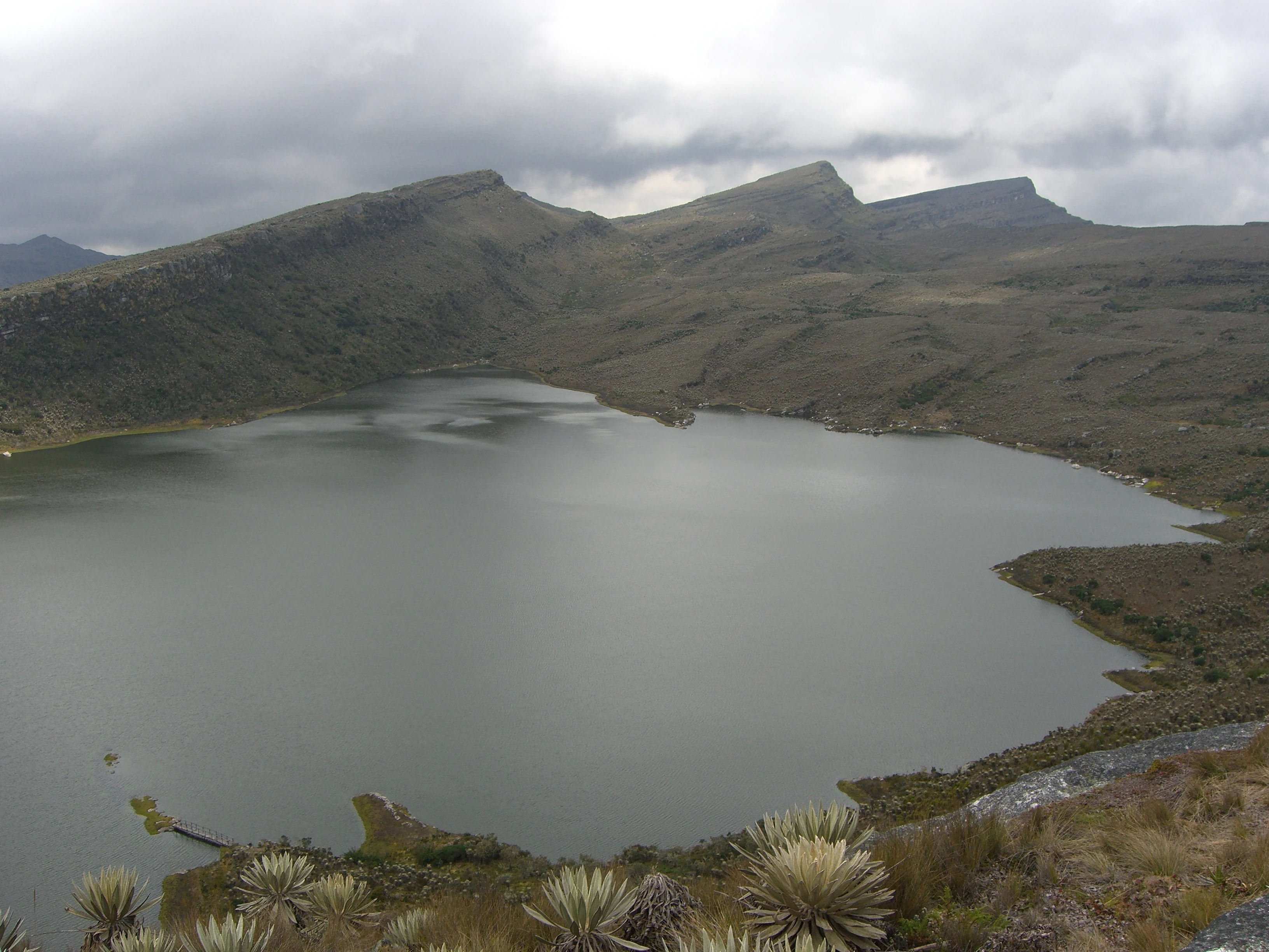 A large lake surrounded by hills and páramo vegetation under cloudy skies.