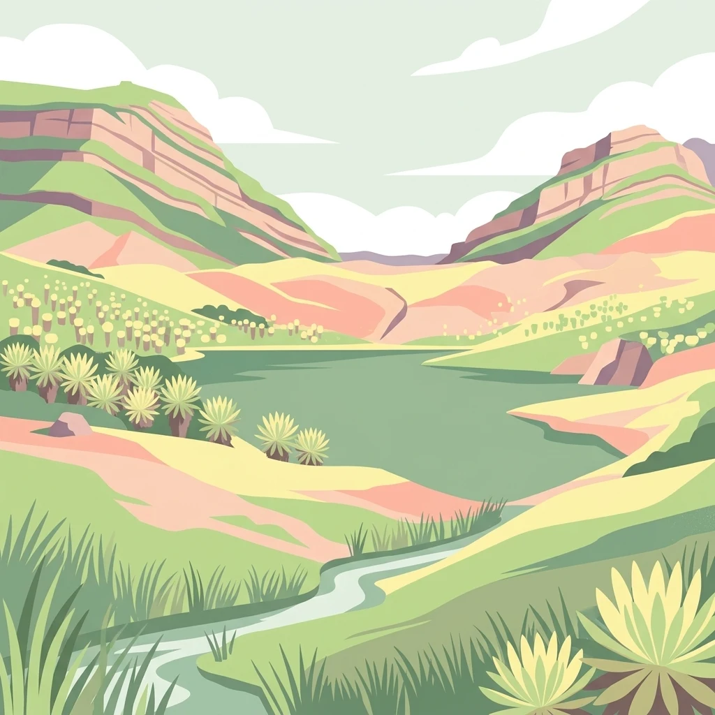 Stylized illustration of a mountainous landscape with a river, grassy hills, and distinctive plants under a partly cloudy sky