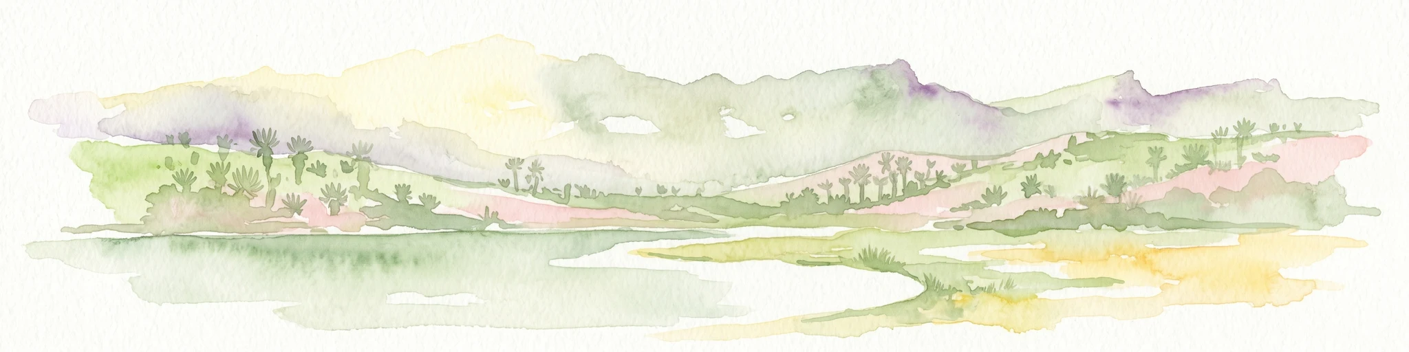 Watercolor painting showing mountains, hills, vegetation, and a body of water