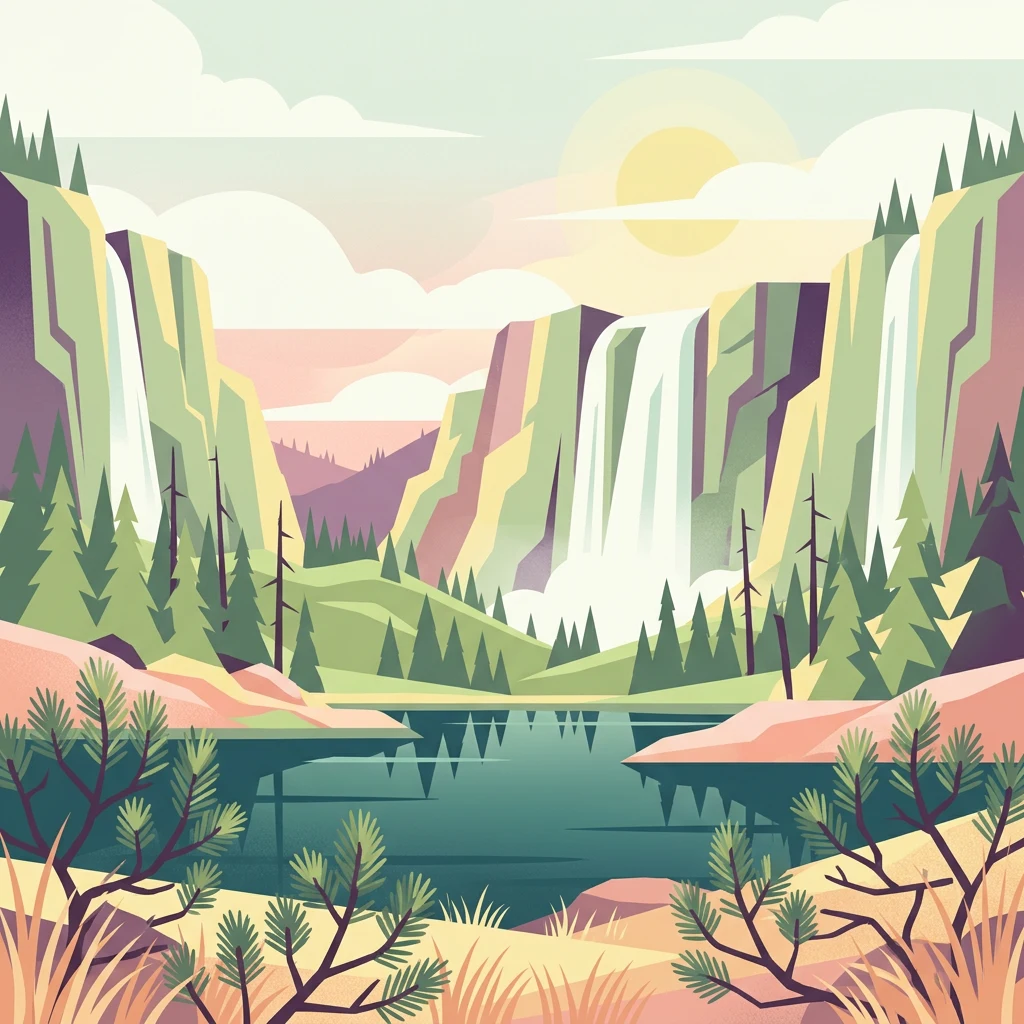 Ilustración de un paisaje montañoso con una cascada, un lago y pinos bajo un cielo soleado