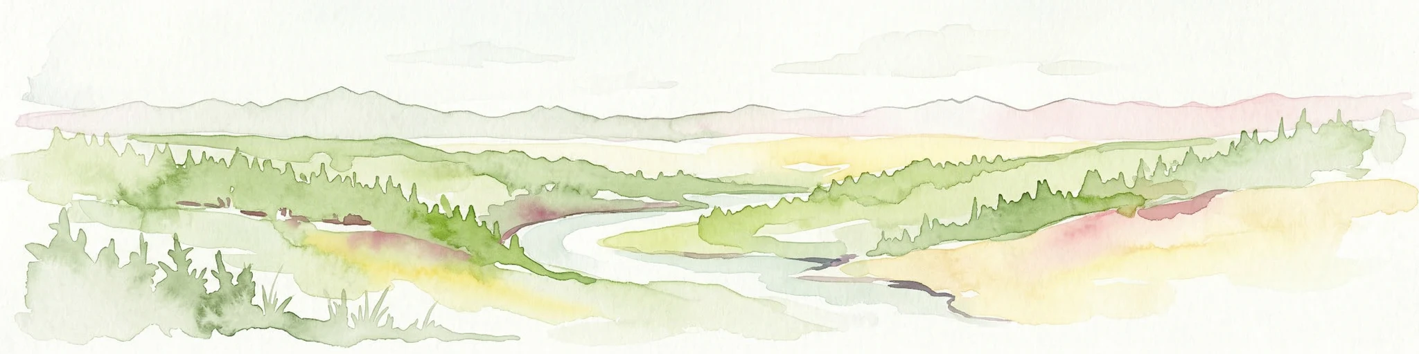 Watercolor illustration of a river flowing through a forested landscape with rolling hills in the background