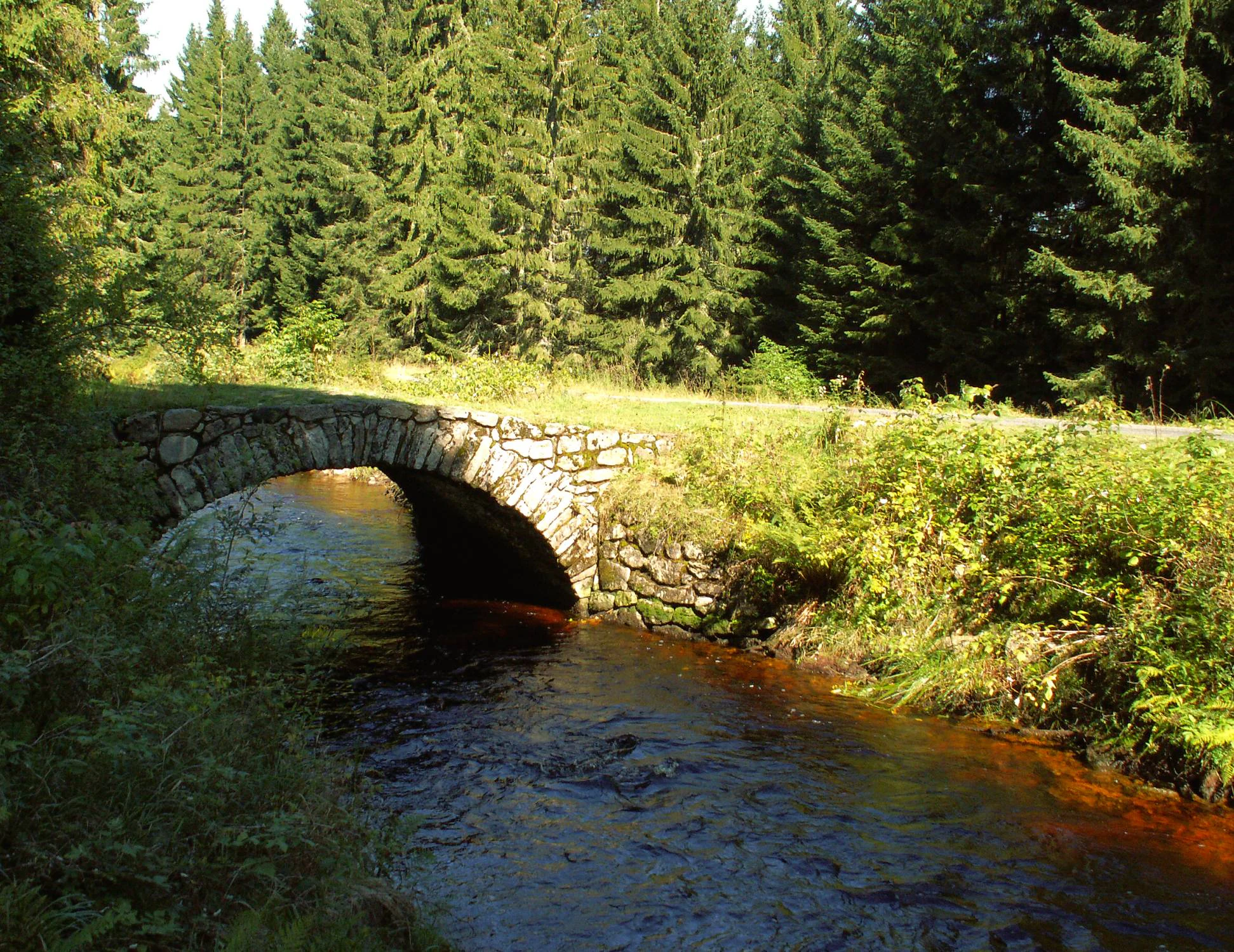 Stone bridge spanning a flowing waterway through forested landscape with dense green trees