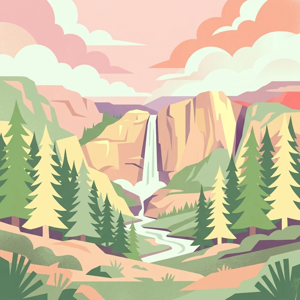 Una ilustración gráfica que muestra una alta cascada que cae en un valle entre acantilados rocosos, rodeada de pinos bajo un cielo nublado de colores pastel.