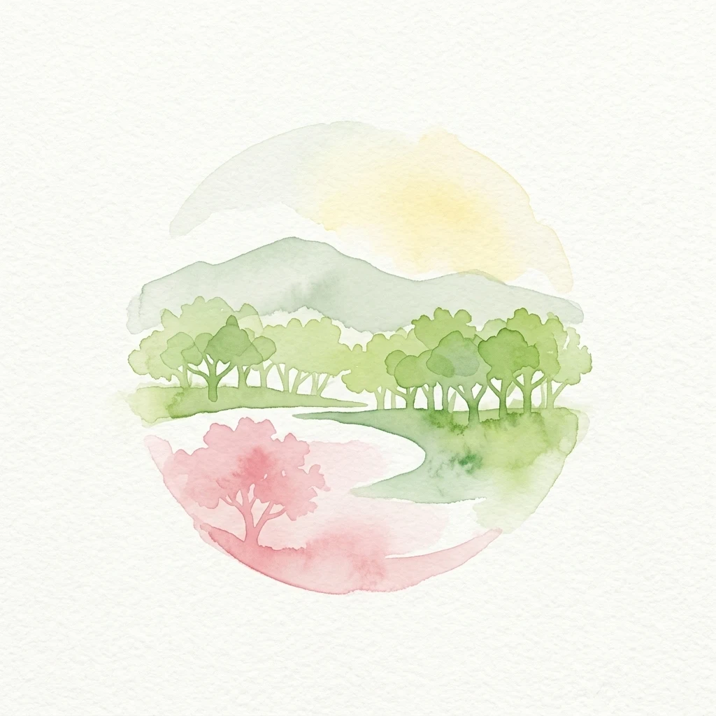 Watercolor illustration of a river flowing through a forested area with mountains in the background and a yellow sun in the sky