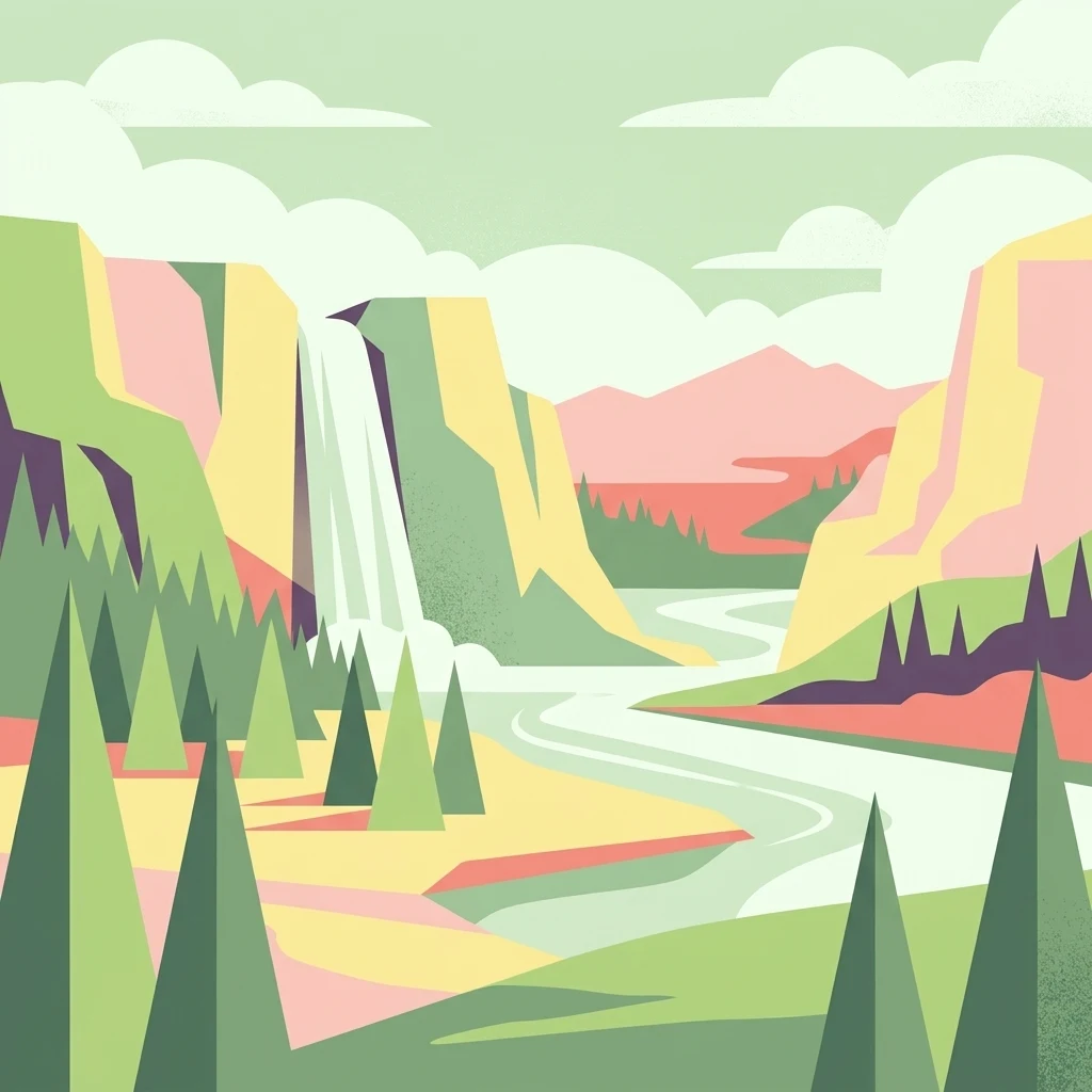 Ilustración estilizada que muestra montañas, una cascada, un río y pinos en un paisaje