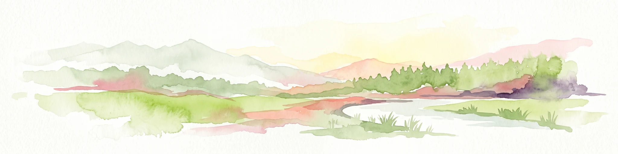 Watercolor painting showing mangrove trees, water channels, and hills in the background