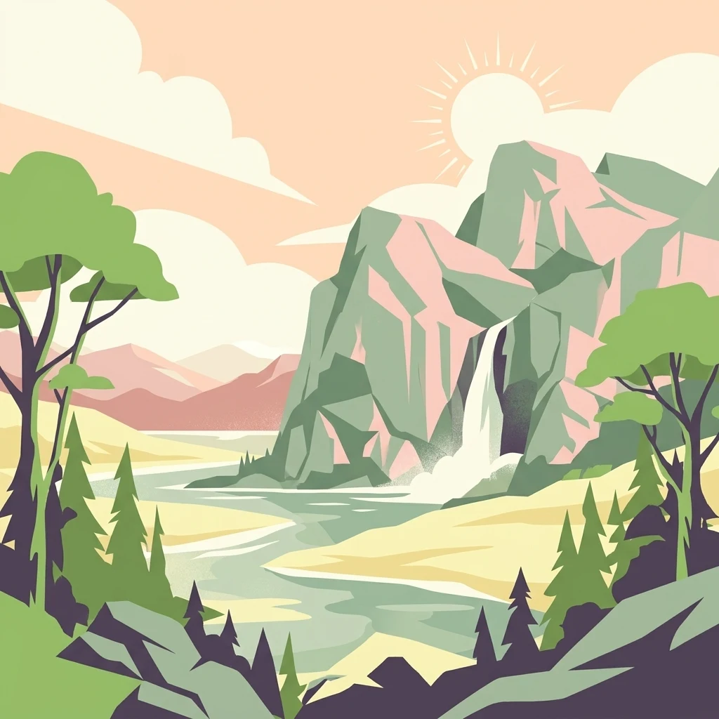 A graphic illustration showing a river winding through a valley towards a waterfall flowing down a rocky mountain side, surrounded by trees.