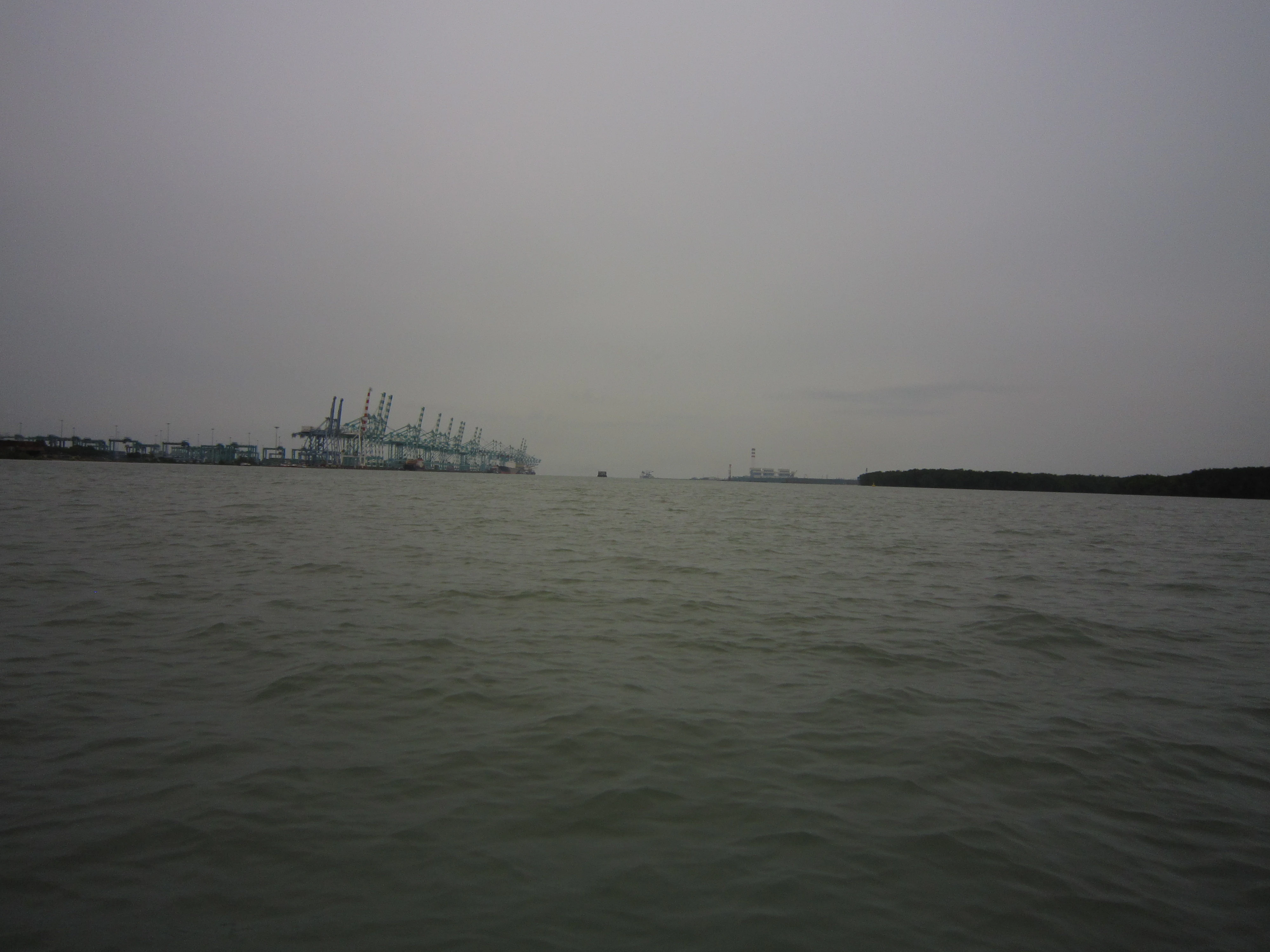 A wide, eye level view of a grey, overcast river mouth with mangroves on the right bank and industrial shipping cranes visible on the distant left horizon.