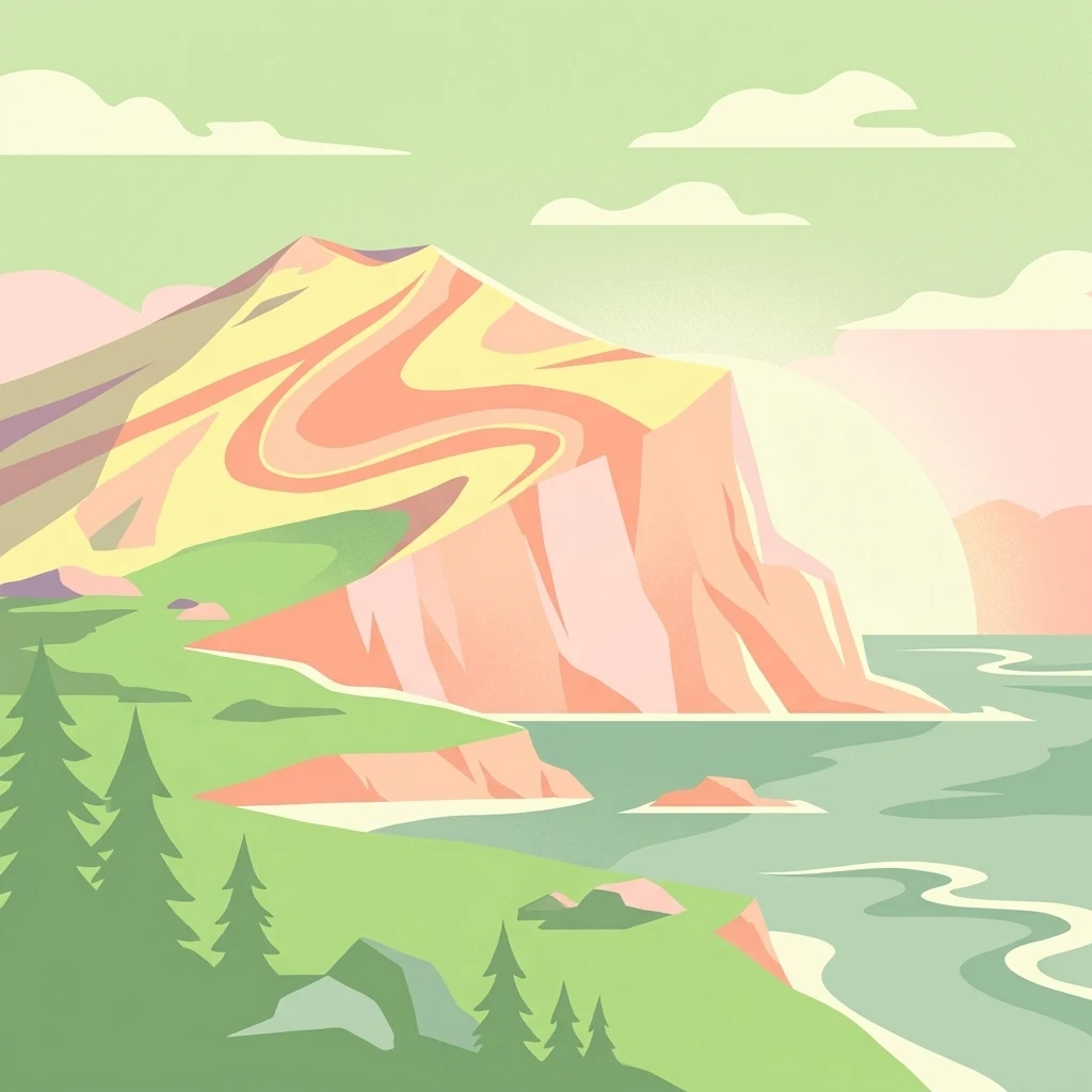 A minimalist flat illustration showing a rocky, volcanic cliff face overlooking the ocean with coniferous trees in the foreground.