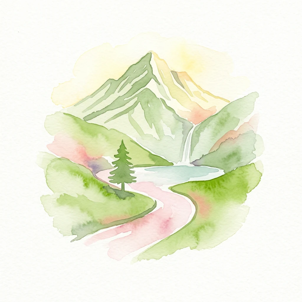 Watercolor illustration of a mountain with a lake, winding river, and a single pine tree